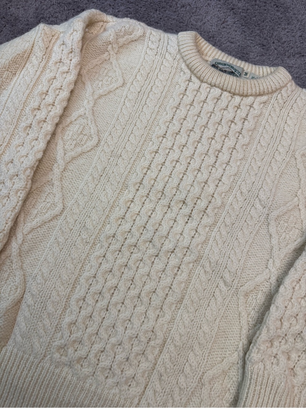 Aran Crafts Cream Cable Knit Crewneck Wool Sweater- Size M - Picture 2 of 6